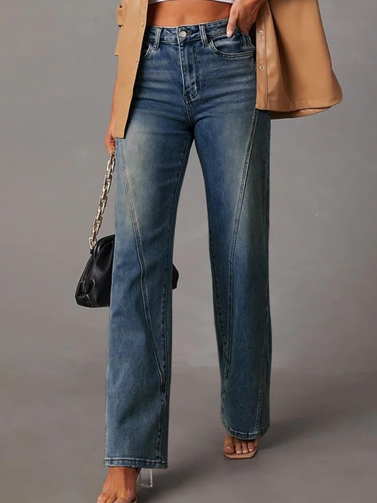 Jokelamb Women’s Wide Leg Mid High Waisted Baggy Straight Leg Stretchy Jeans - Picture 2 of 5